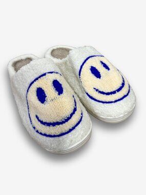 Smiley Face Slippers Fuzzy Plush Cozy House Lounge Shoes White Blue NWT 9/10